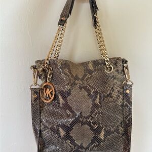 Michael Kors Python Embossed Shoulder Bag in Taupe with Gold Hardware